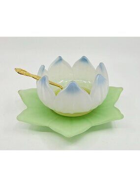 Rare Frosted Westmorland Mayo Lotus Bowl and Plate Green, Blue Yellow